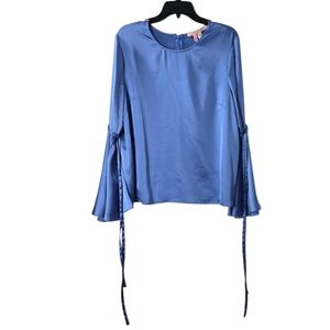 Anthropologie‎ Hutch XL Blue Satin Long Tie Bell Sleeves Pullover Blouse Top